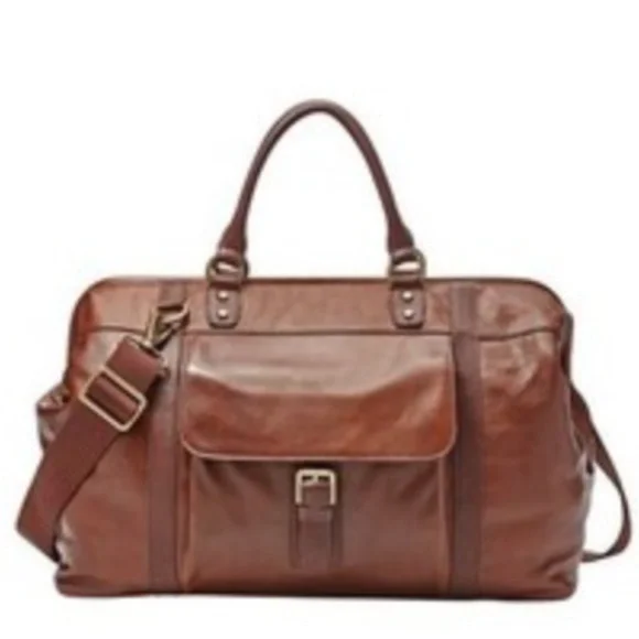 Fossil Mens Estate Brown/cognac Leather Weekender Travel Framed Duffle Bag - Picture 10 of 10
